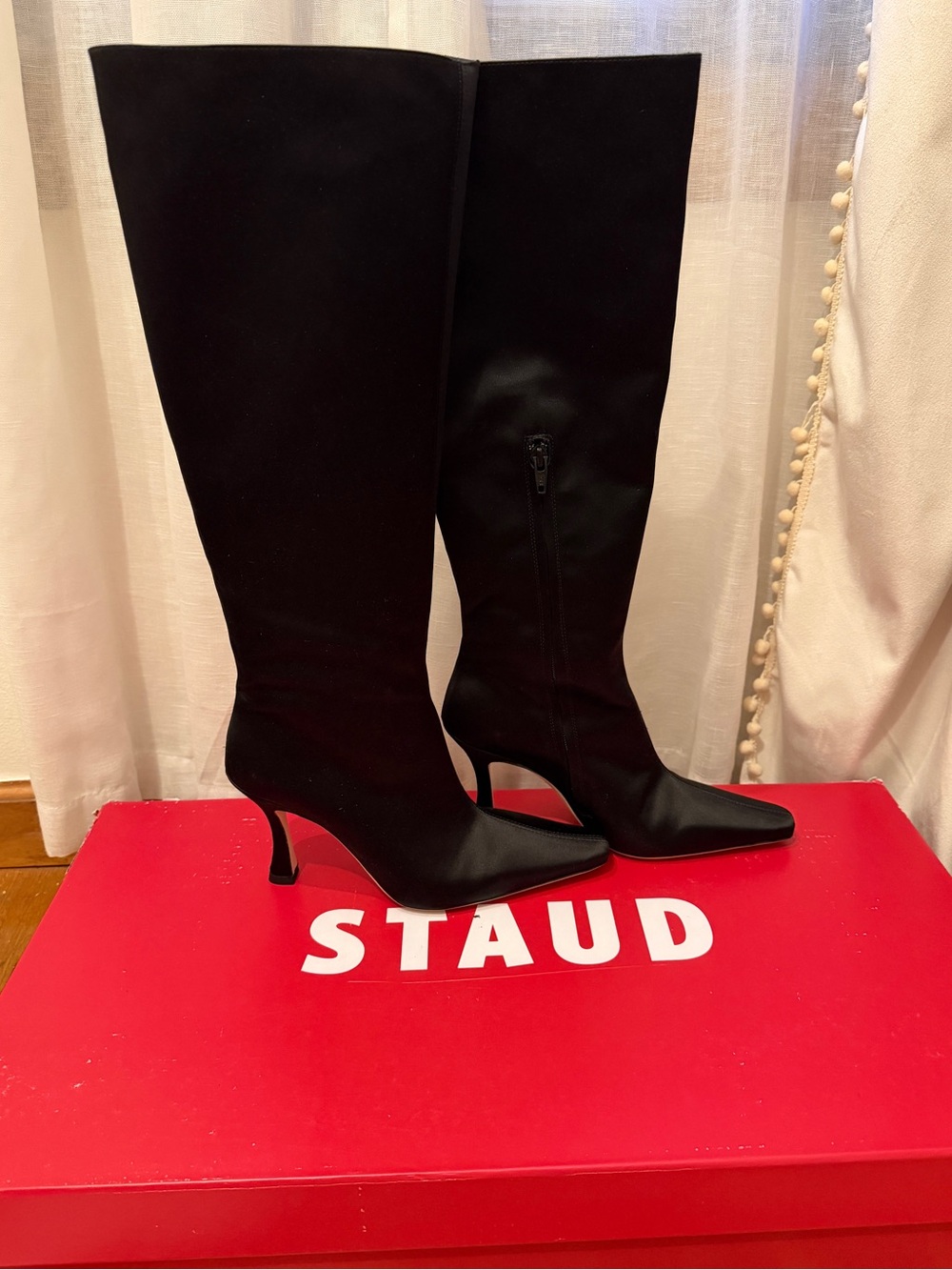 NWT STAUD Satin/Leather Knee High Pointed Toe Boots